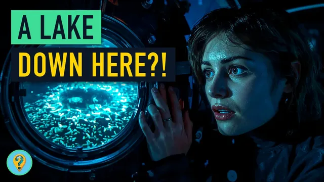 A woman inside a submersible stares out of a round porthole at a glowing blue pool on the dark sea floor, with the words "A lake down here?!"