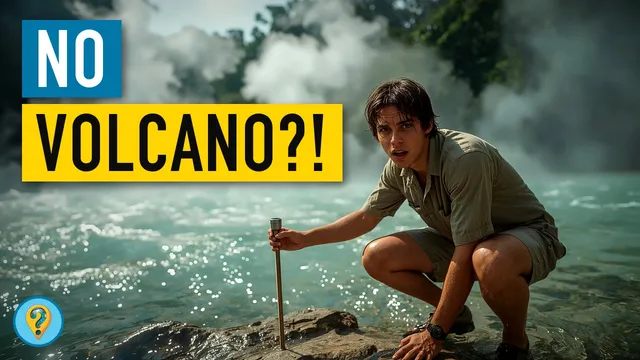 A young man in field clothes crouches at the edge of a steaming turquoise river in the jungle, holding a metal probe in the water, under the text "No volcano?!"