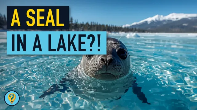 A gray seal pokes its head out of clear turquoise lake water, with a pine forest and snow-capped mountains behind it, under the text "A seal in a lake?!"
